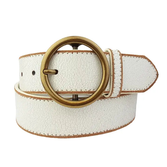 Vintage Leather Belt with Distress Burnish Edge - Cream