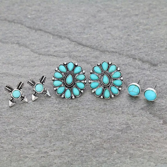 Boho Flower Turquoise Earrings Set