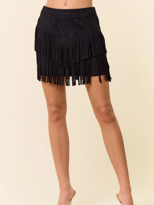 Black Suede Fringe Skirt