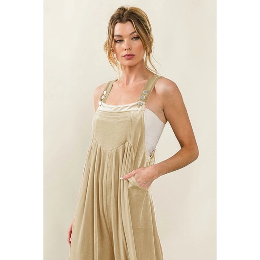 Wide Leg Velvet Overalls - Champagne