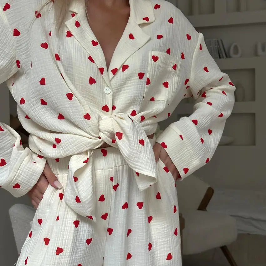 Heart Print Button Up Lounge Set
