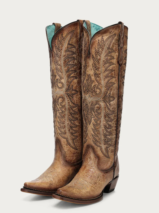 Corral Sand Embroidery w/ Metallic Beaded Welt Snip Toe Tall Top Boot