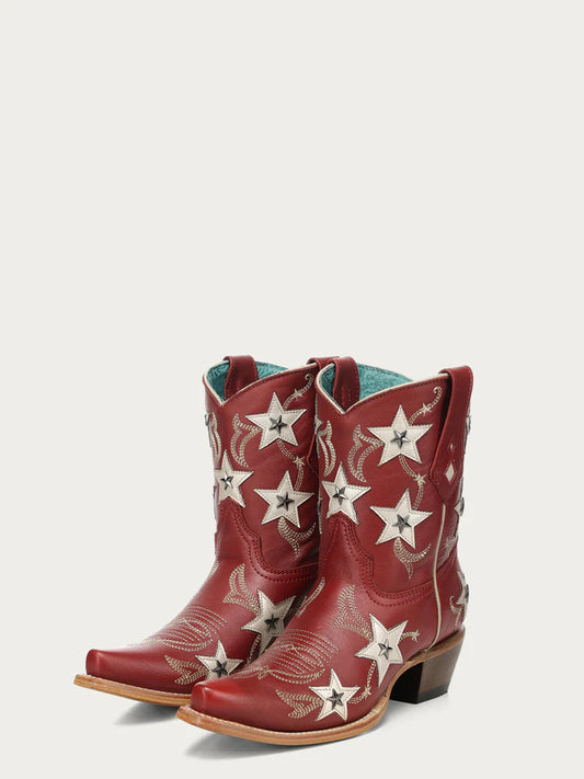Corral Red Embroidery Stars Overlay & Studs Ankle Bootie