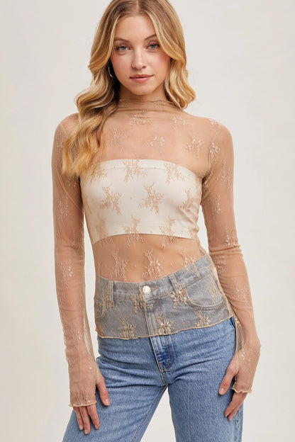 Champagne Floral Mesh Layering Top