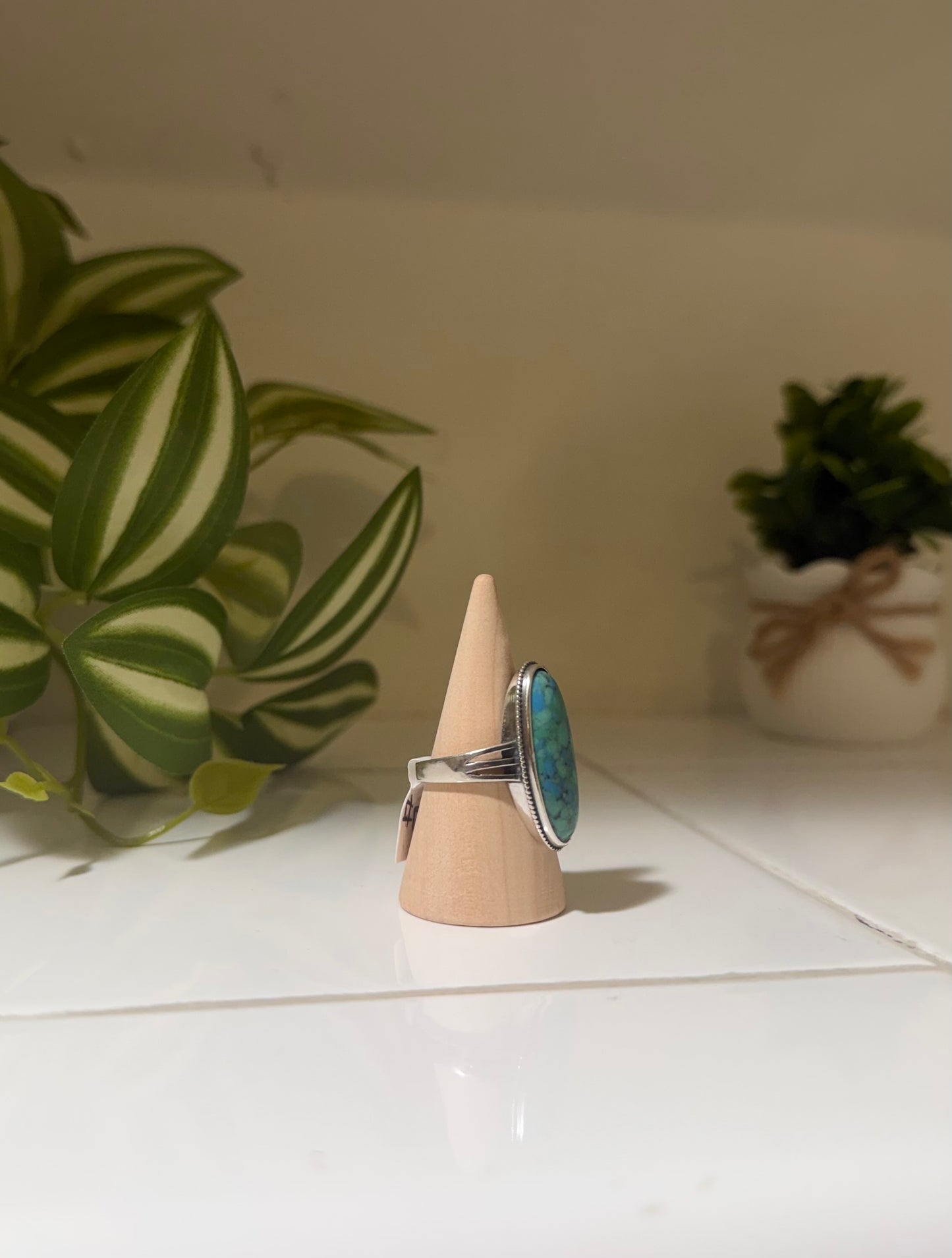 Sterling Silver Handmade Elongated Oval Turquoise Ring - Size 7