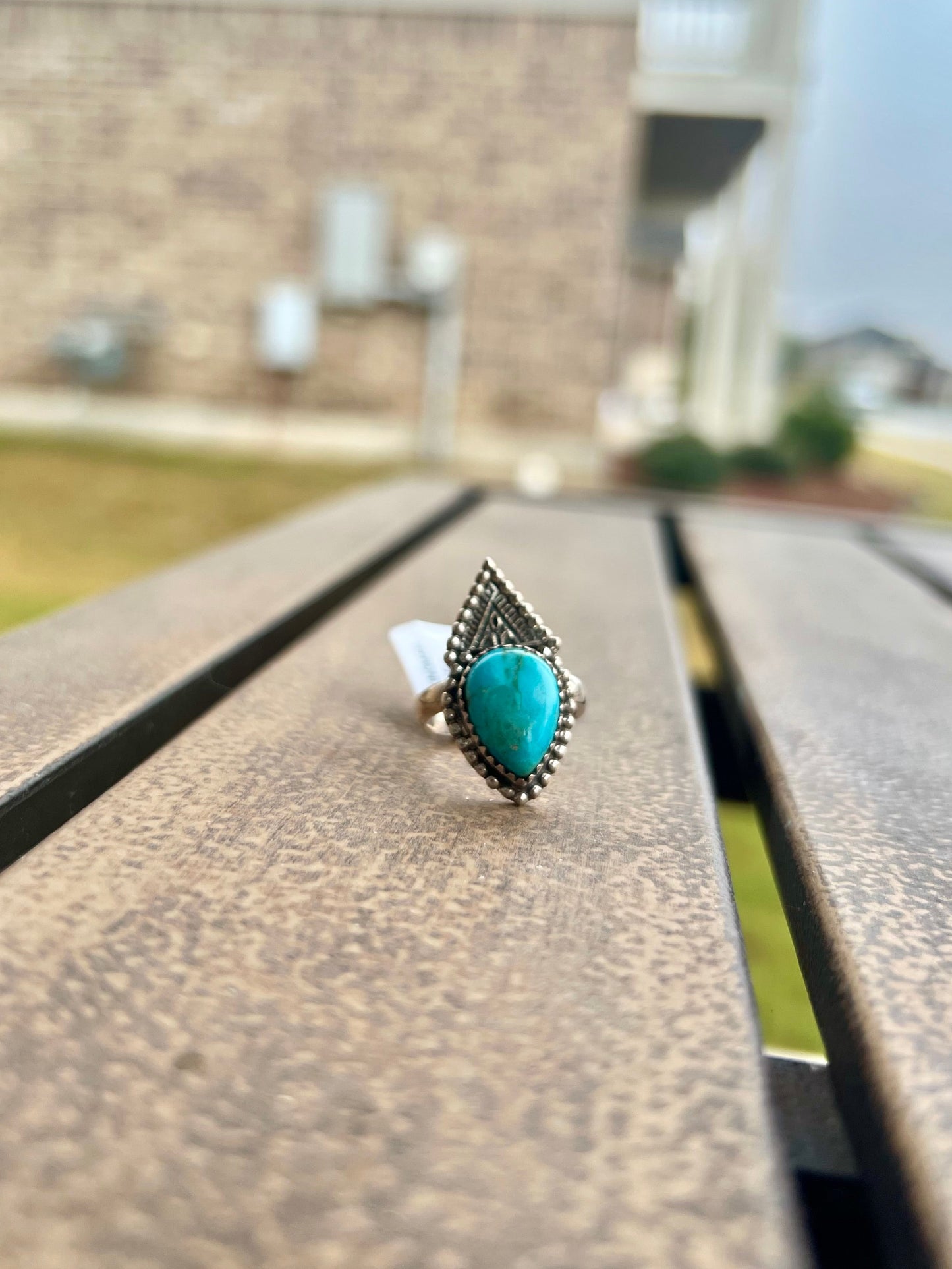 HADA Navajo Kingman Turquoise Architectural Silver Ring - Size 7