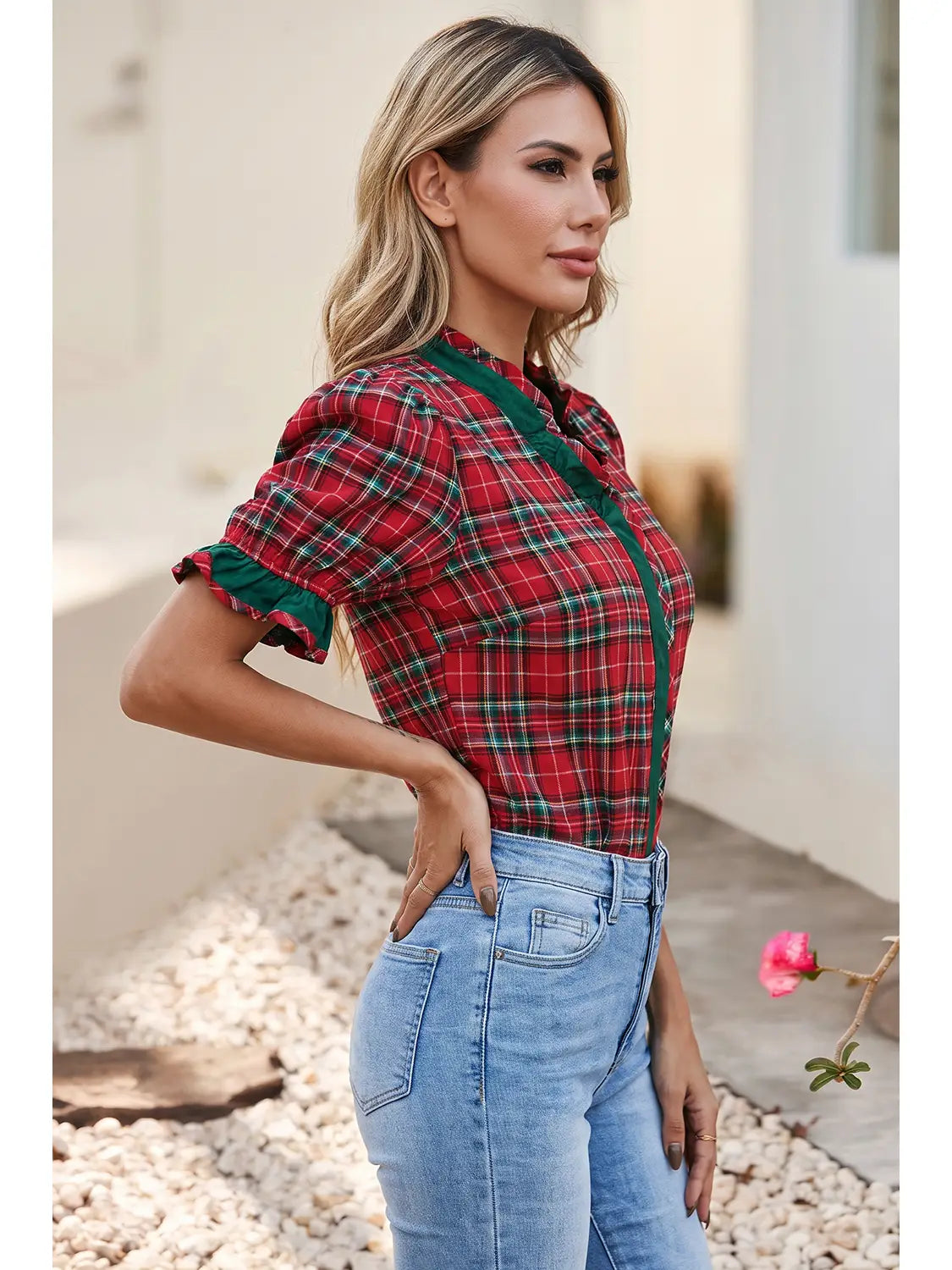 Plaid V-Neck Ruffle Trim Blouse