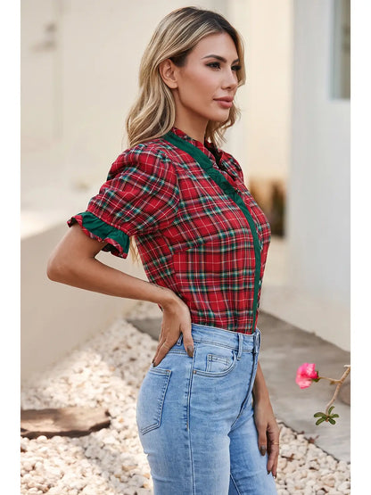 Plaid V-Neck Ruffle Trim Blouse