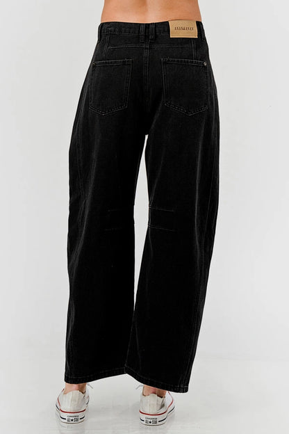 Ladies Mid Rise Black Barrel Jeans