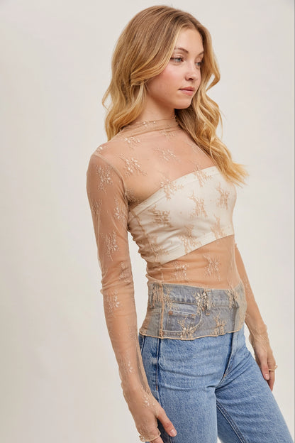 Champagne Floral Mesh Layering Top