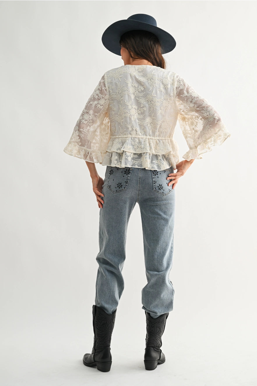 Boho Embroidered Cream Bell Sleeve Blouse