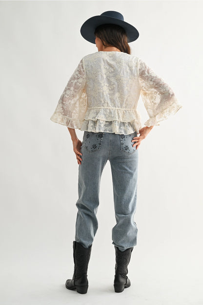 Boho Embroidered Cream Bell Sleeve Blouse