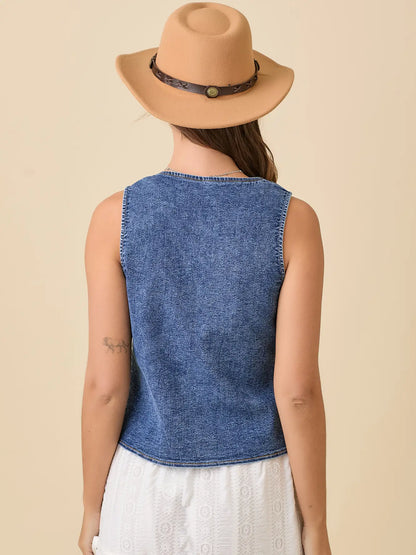 Denim Vest w/ Front Tie and Embroidery