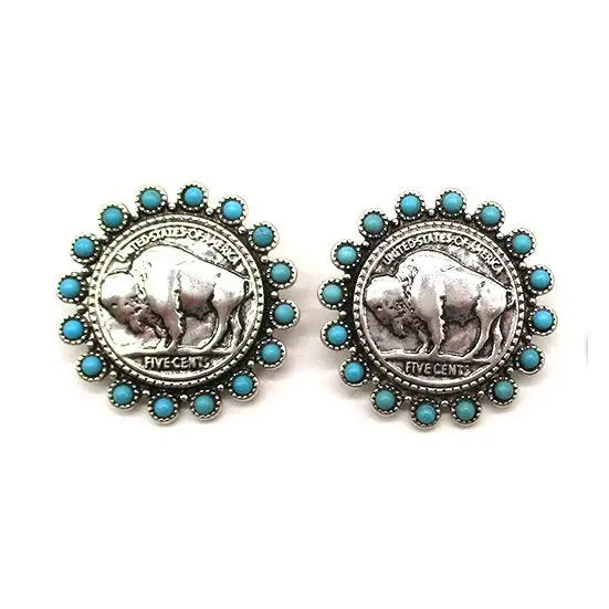 Buffalo Coin Turquoise Drop Earrings