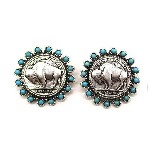 Buffalo Coin Turquoise Drop Earrings