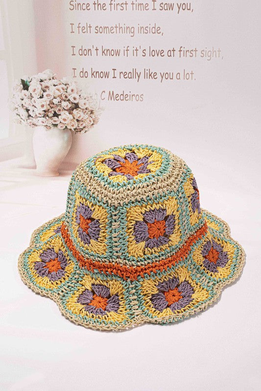 Packable crochet granny square bucket hat