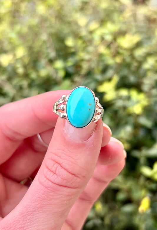 3 Prong Shoulder Navajo Handmade Sterling Turquoise Ring - Size 6