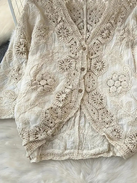 Crochet Loose Lace Button Up Blouse