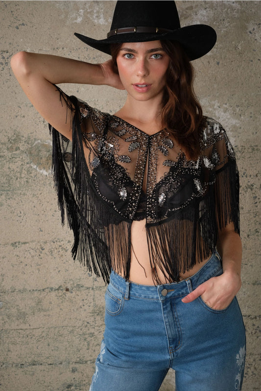 Sequin Beaded Fringe Mesh Cape