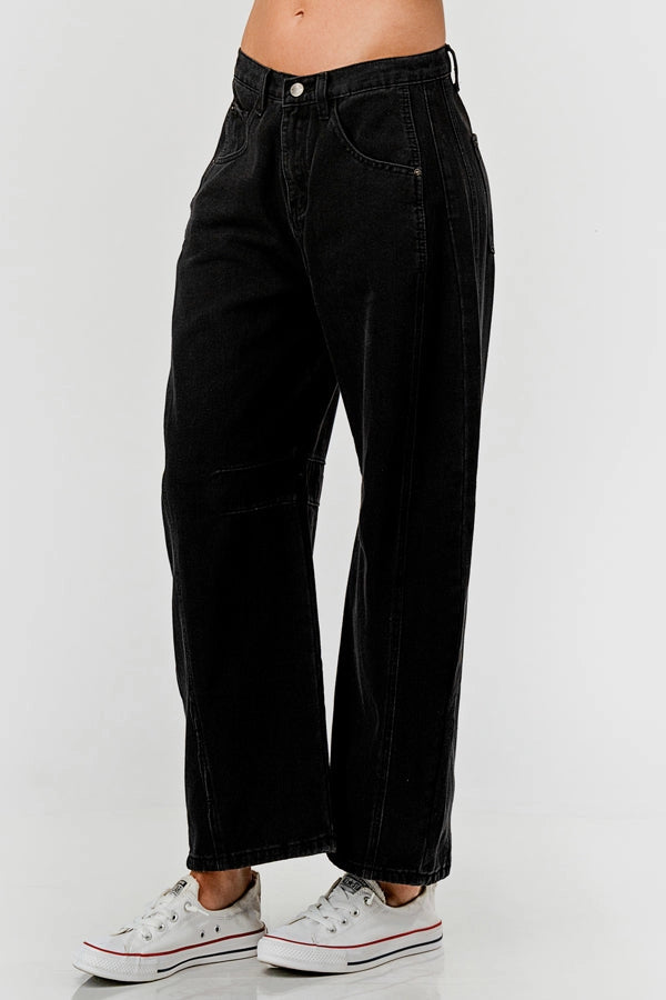 Ladies Mid Rise Black Barrel Jeans