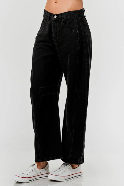 Ladies Mid Rise Black Barrel Jeans