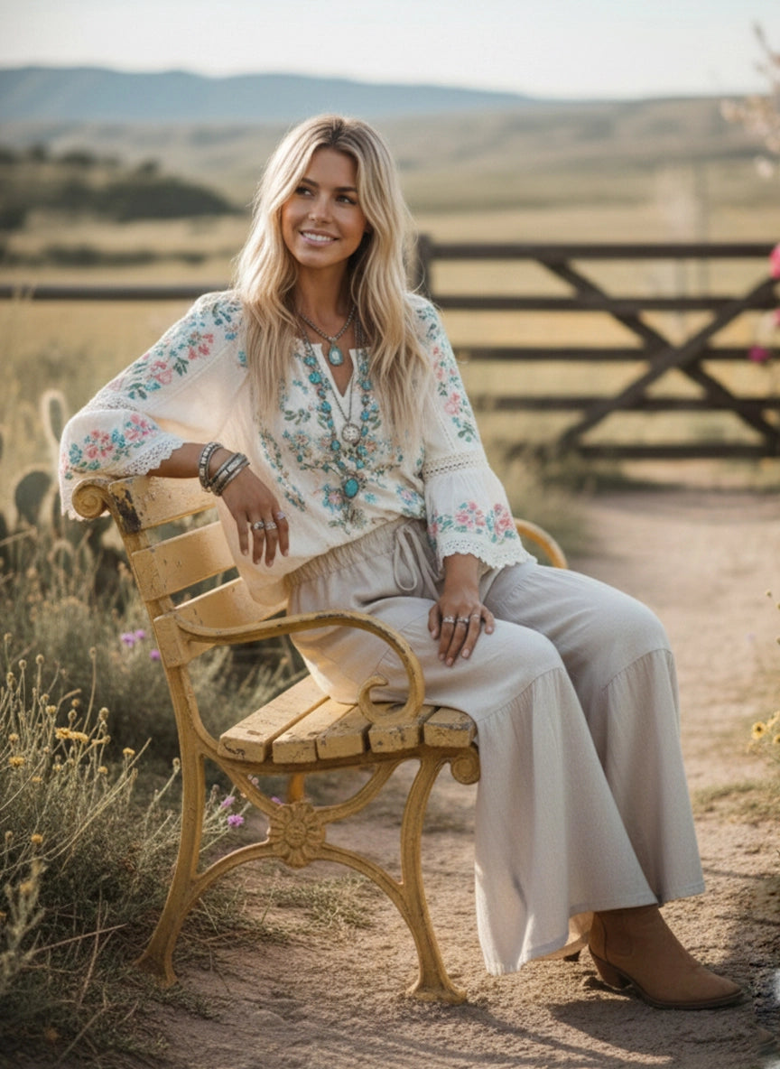 Linen Blend Tiered Wide Let Palazzo Pants