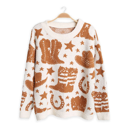 Western Pattern Crew Neck Sweater