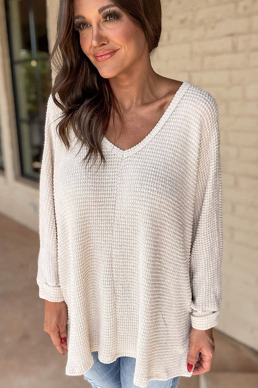 Women Waffle Knit Side Slits Loose Fit V Neck Top