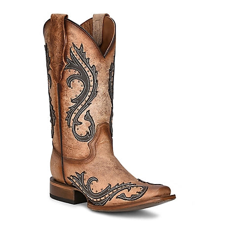 Circle G Brown/Grey Overlay Embroidered Studded Sq. Toe Boot