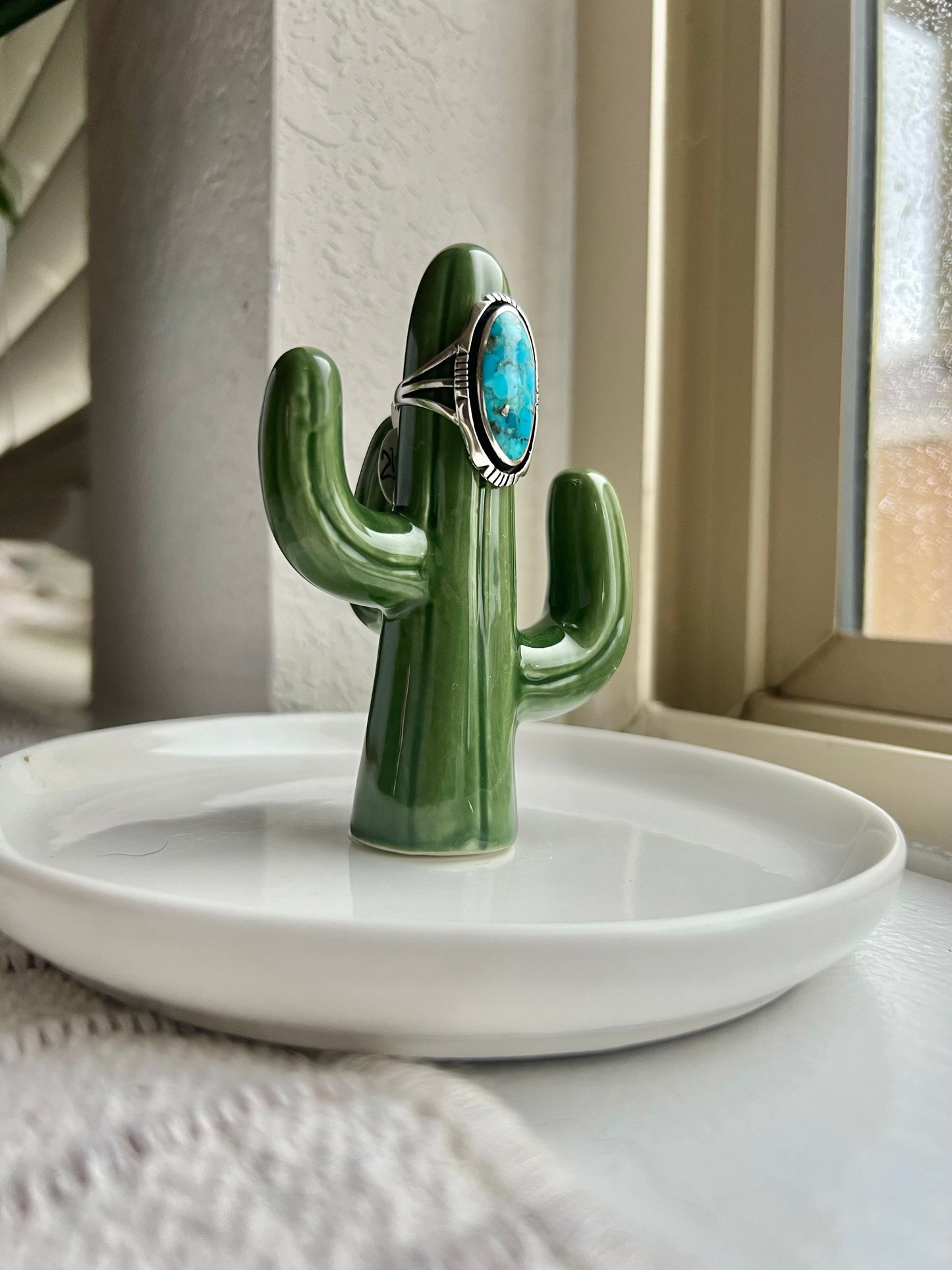 Hand-Stamped Sterling Bezel Oval Turquoise Ring - Size 7