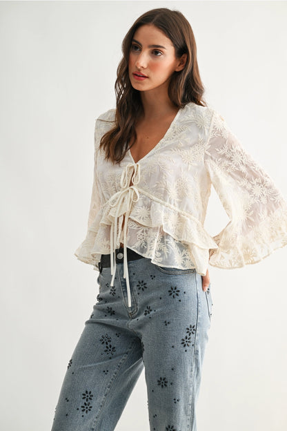 Boho Embroidered Cream Bell Sleeve Blouse