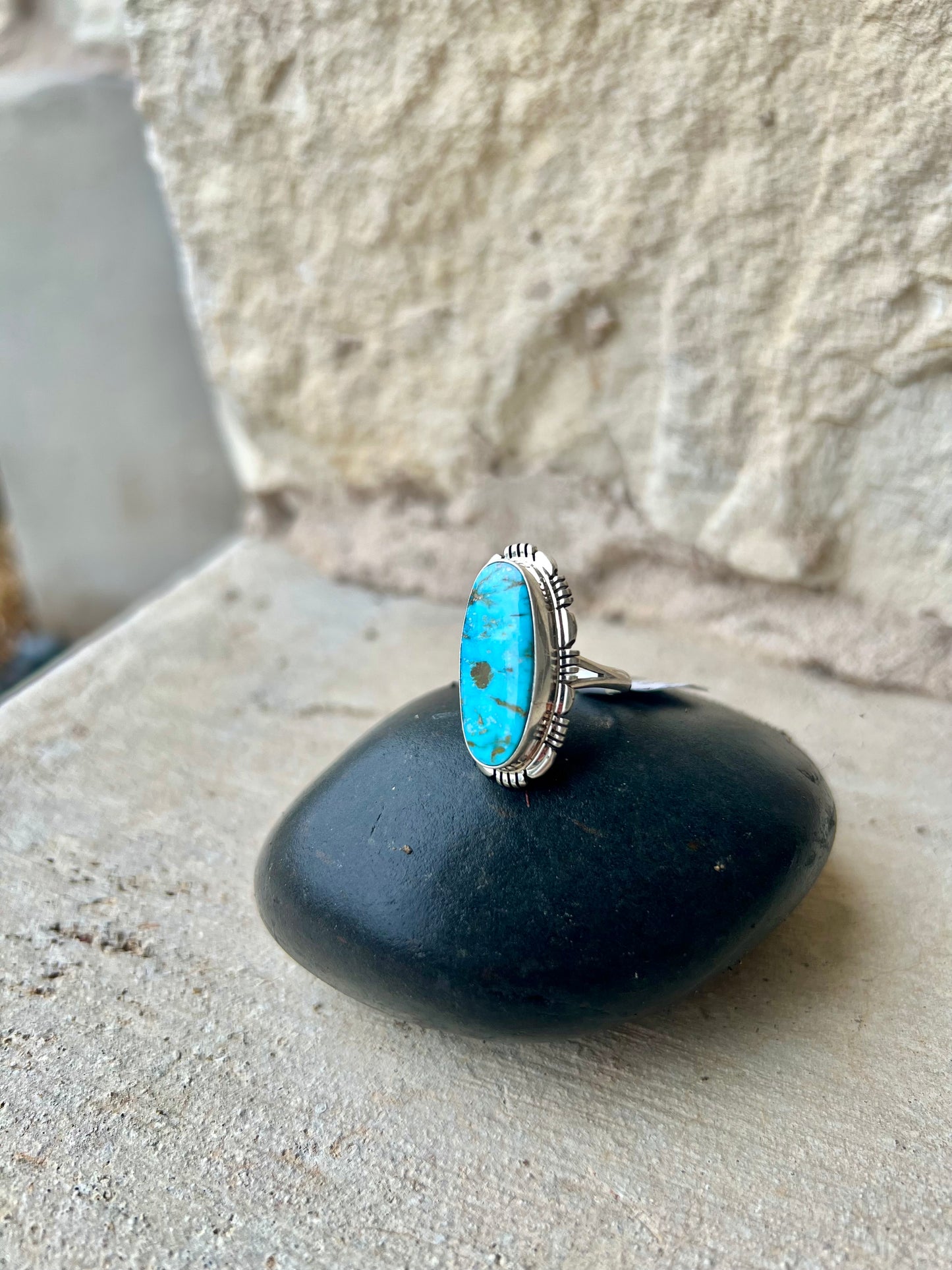 Norvin Johnson Navajo Handmade Sonoran Gold Turquoise Ring - Size 7