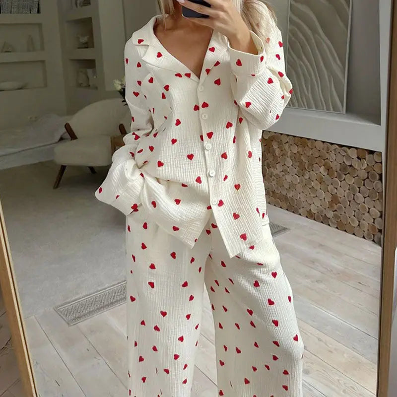 Heart Print Button Up Lounge Set