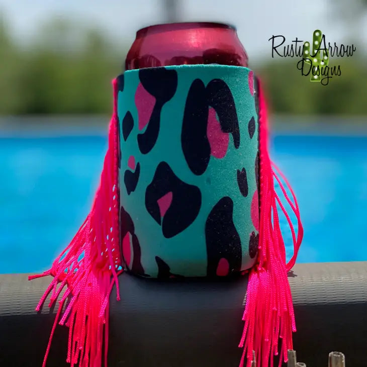 Turquoise Hot Pink Cheetah Fringe Koozie