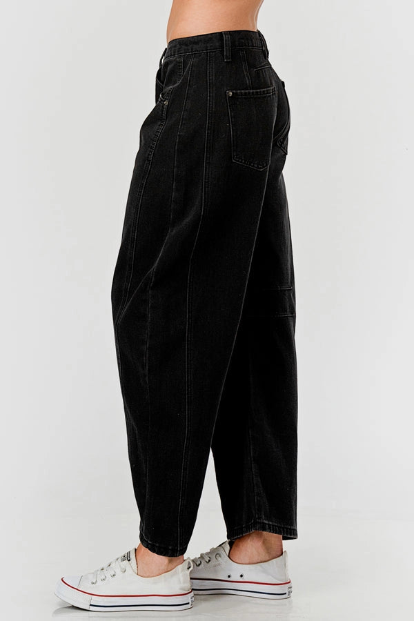 Ladies Mid Rise Black Barrel Jeans