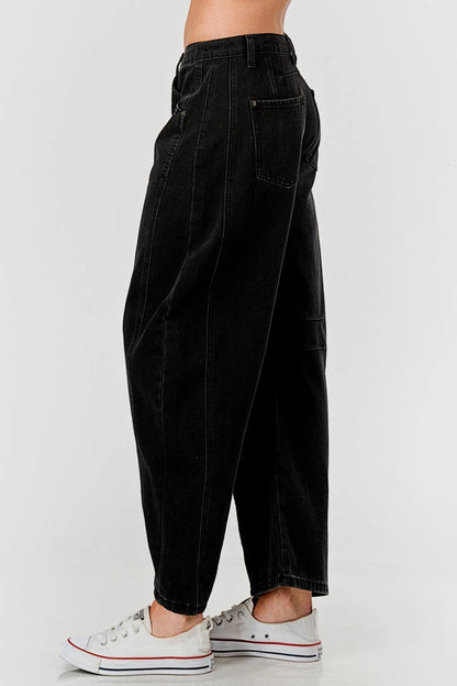 Ladies Mid Rise Black Barrel Jeans