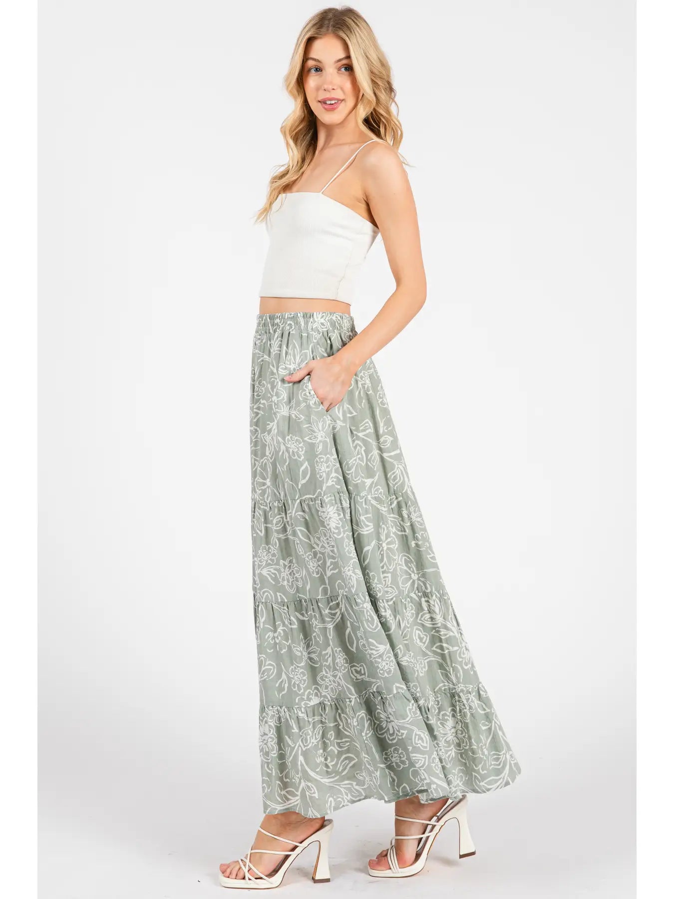 Elastic Waist Floral Maxi Skirt w/ Pockets