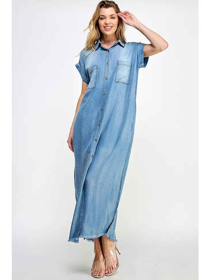 Bleachout Short Sleeve Denim Maxi Dress