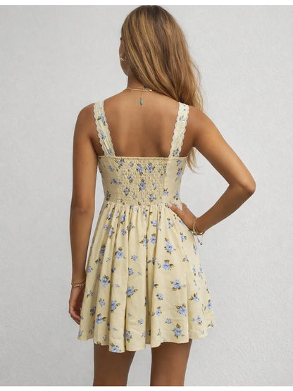Boho Floral Lace Trim Ruched Mini Dress
