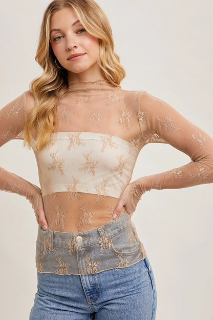Champagne Floral Mesh Layering Top