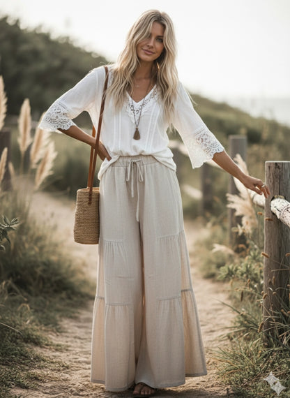 Linen Blend Tiered Wide Let Palazzo Pants