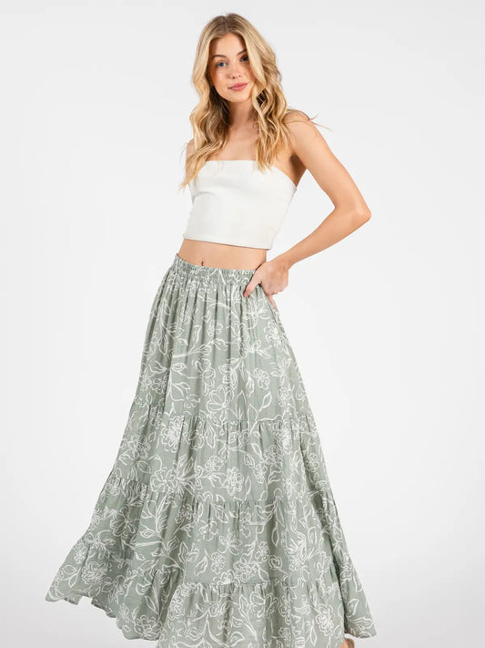 Elastic Waist Floral Maxi Skirt w/ Pockets