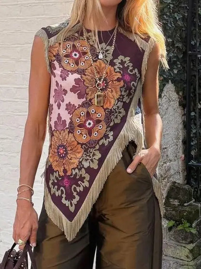 Boho Floral Print Asymmetric Tassel Trim Scarf Top