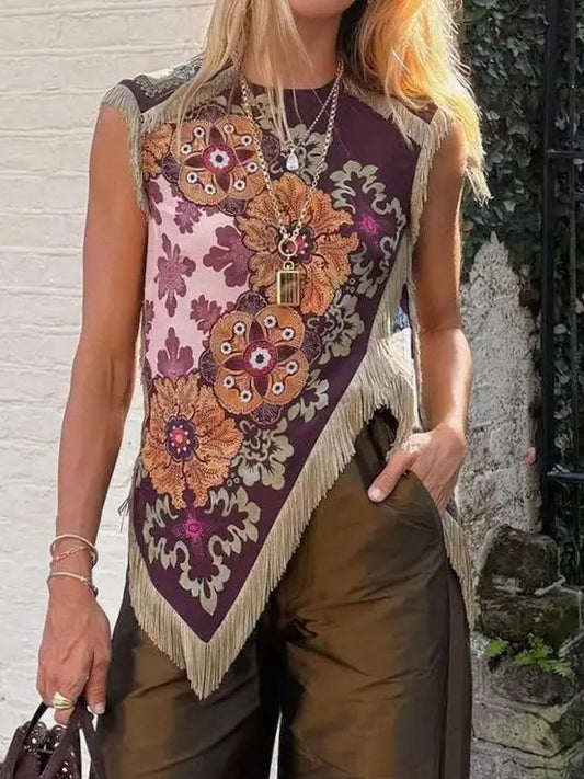 Boho Floral Print Asymmetric Tassel Trim Scarf Top