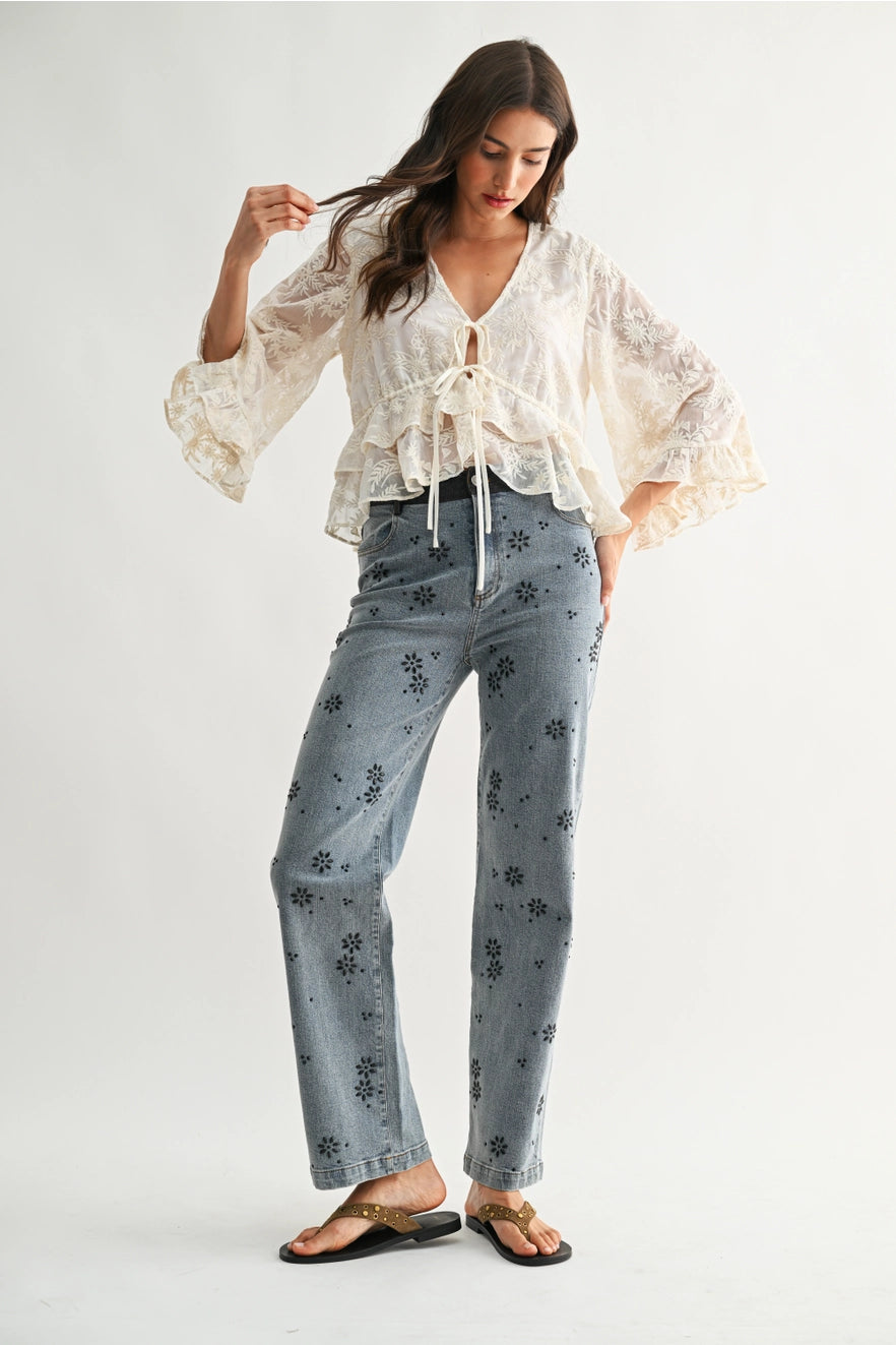 Boho Embroidered Cream Bell Sleeve Blouse