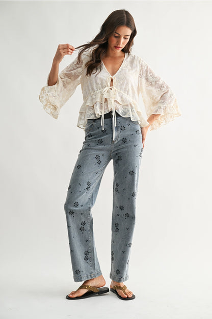 Boho Embroidered Cream Bell Sleeve Blouse