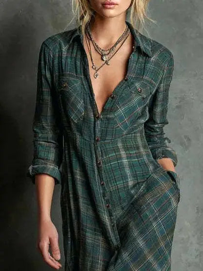 Green Plaid Long Sleeve Button Up Maxi Dress
