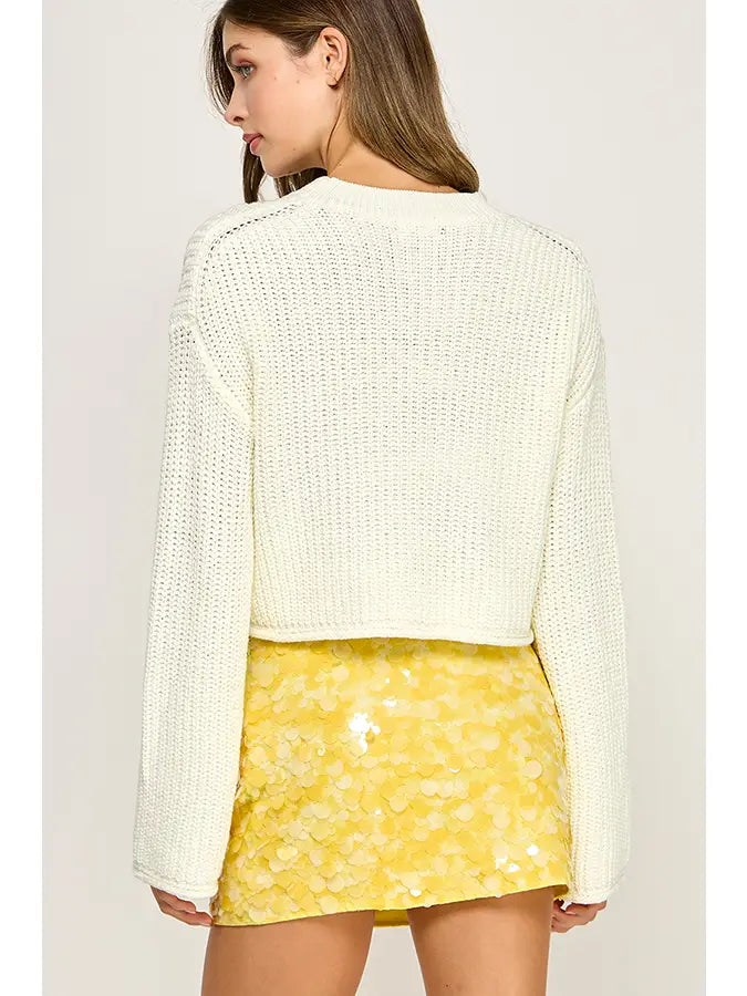 Waffle Knit Off-White Cropped Sweater