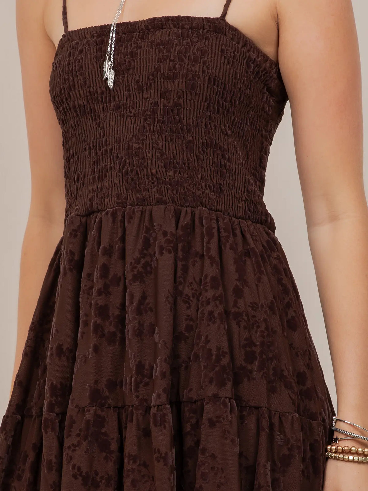Brown Smocking Detail High-Low Dress