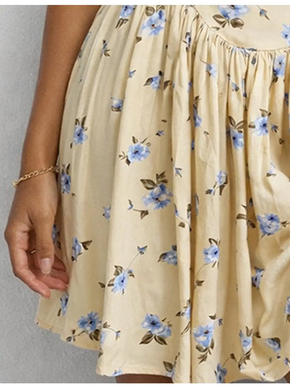 Boho Floral Lace Trim Ruched Mini Dress